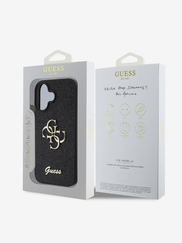 Guess Guess stražnja maska ​​s PU fiksnim svjetlucavim 4G metalnim logotipom za iPhone 16 crna