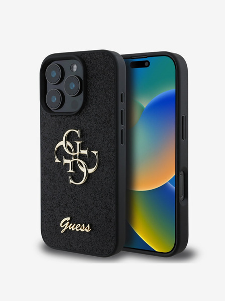 Guess Stražnja maska ​​Guess PU s fiksnim svjetlucavim 4G metalnim logotipom za iPhone 16 Pro crna