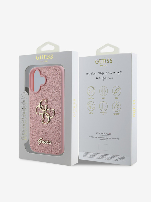 Guess Stražnja maska ​​Guess PU s fiksnim svjetlucavim 4G metalnim logotipom za iPhone 16, ružičasta
