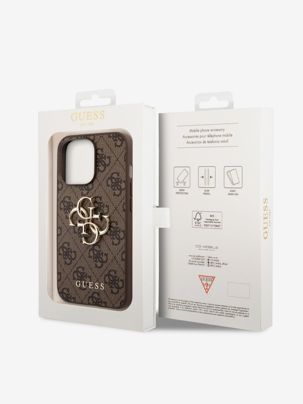 Guess PU 4G Metal Logo Zadní Kryt pro iPhone 14 Pro Brown Etui za telefon