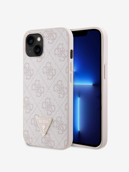 Guess Stražnja maska ​​Guess PU 4G Strass Trokut s metalnim logotipom za iPhone 15, ružičasta