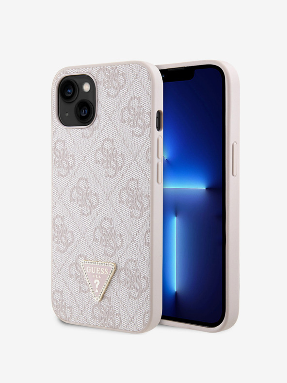 Guess Stražnja maska ​​Guess PU 4G Strass Trokut s metalnim logotipom za iPhone 15, ružičasta