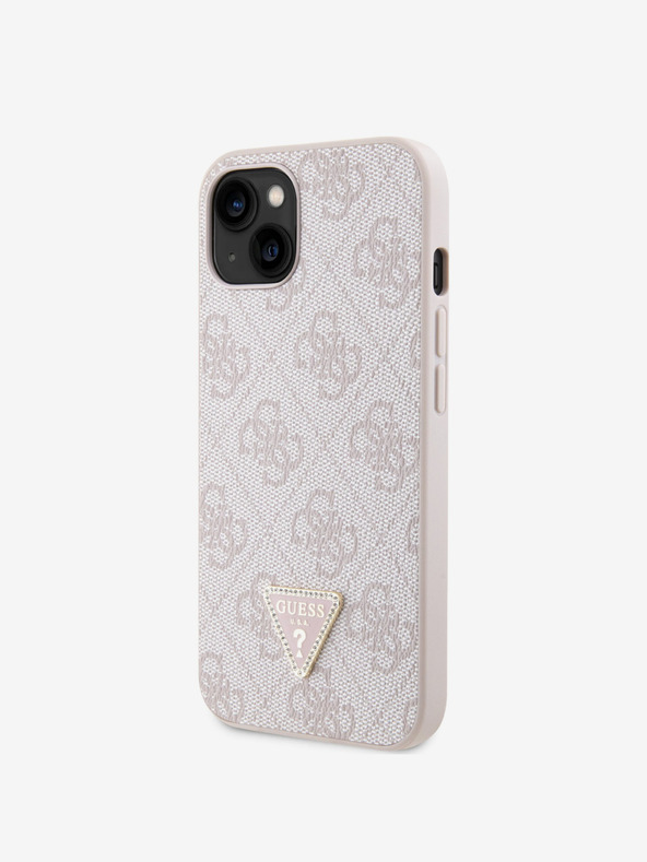 Guess Stražnja maska ​​Guess PU 4G Strass Trokut s metalnim logotipom za iPhone 15, ružičasta