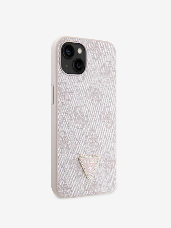 Guess Stražnja maska ​​Guess PU 4G Strass Trokut s metalnim logotipom za iPhone 15, ružičasta