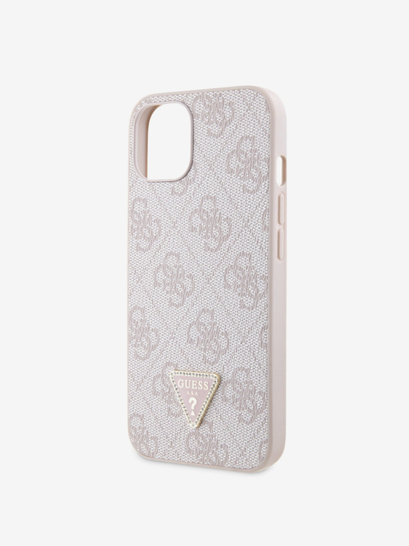 Guess Stražnja maska ​​Guess PU 4G Strass Trokut s metalnim logotipom za iPhone 15, ružičasta