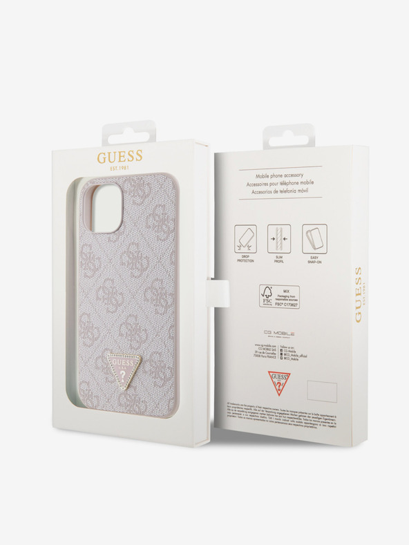 Guess Stražnja maska ​​Guess PU 4G Strass Trokut s metalnim logotipom za iPhone 15, ružičasta