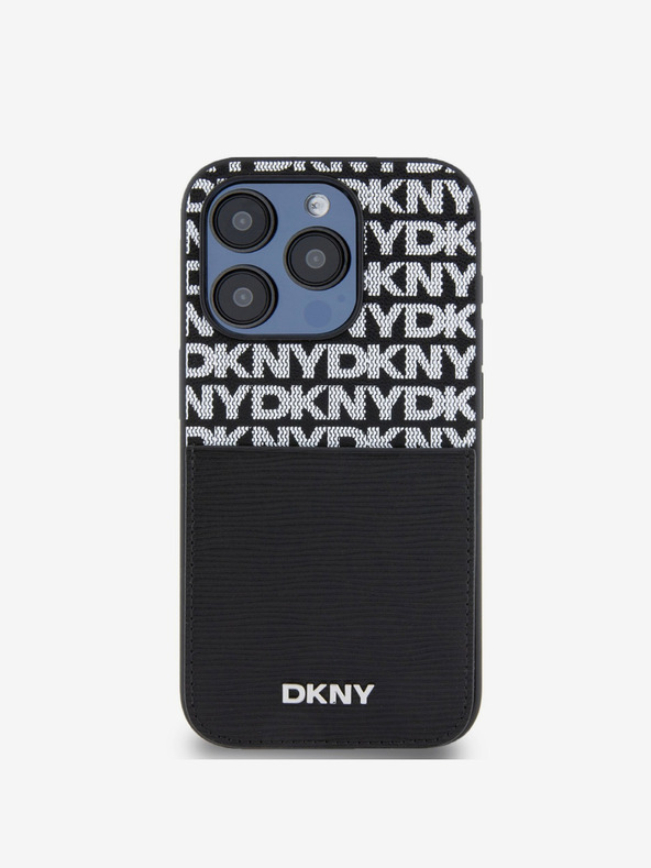 DKNY PU kožna stražnja maska ​​s džepom za karticu s ponavljajućim uzorkom za iPhone 14 Pro crna DKNY