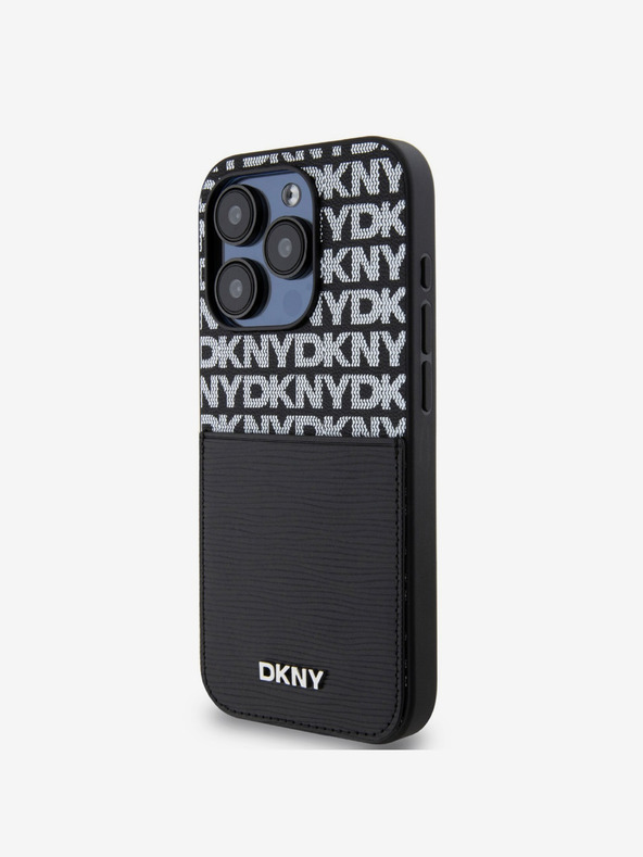 DKNY PU kožna stražnja maska ​​s džepom za karticu s ponavljajućim uzorkom za iPhone 14 Pro crna DKNY