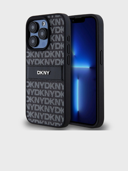 DKNY PU kožna stražnja maska ​​s ponavljajućim uzorkom u tonskim prugama za iPhone 15 Pro crna DKNY