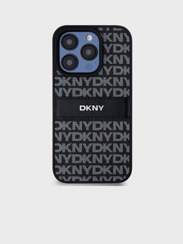 DKNY PU kožna stražnja maska ​​s ponavljajućim uzorkom u tonskim prugama za iPhone 15 Pro crna DKNY