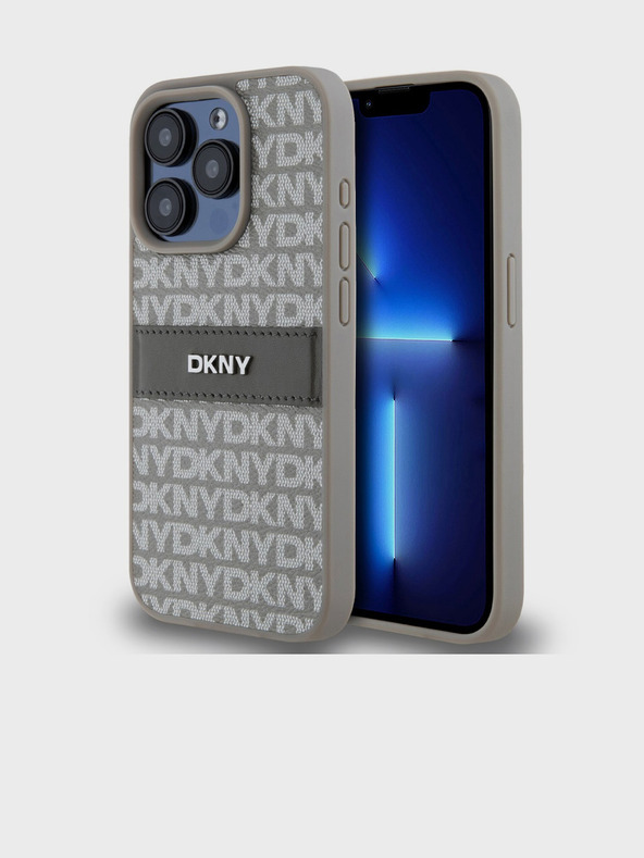 DKNY PU kožna stražnja maska ​​s ponavljajućim uzorkom u tonskim prugama za iPhone 14 Pro Max bež DKNY