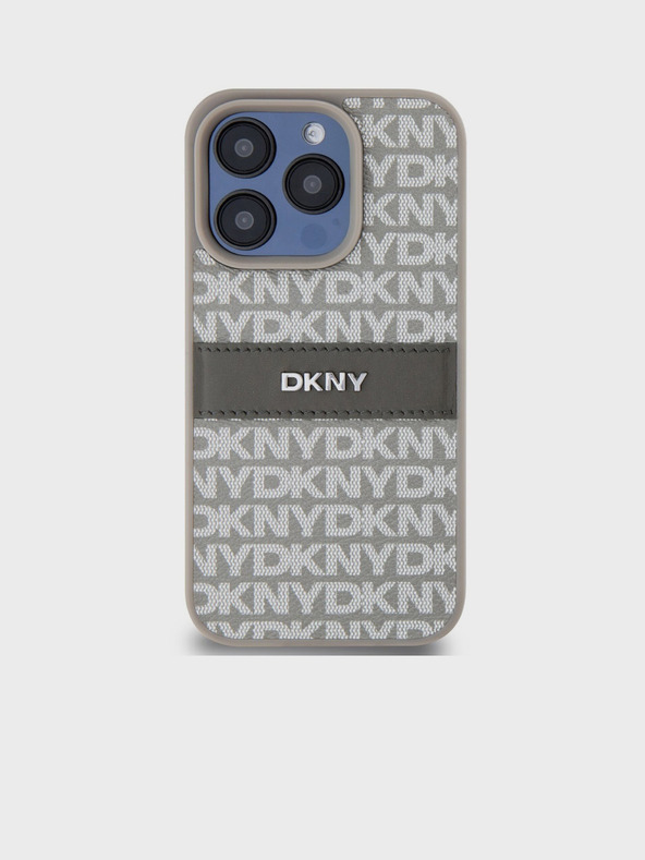 DKNY PU kožna stražnja maska ​​s ponavljajućim uzorkom u tonskim prugama za iPhone 14 Pro Max bež DKNY
