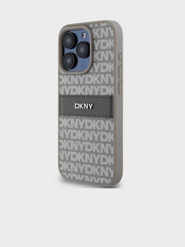 DKNY PU kožna stražnja maska ​​s ponavljajućim uzorkom u tonskim prugama za iPhone 14 Pro Max bež DKNY