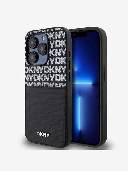 DKNY PU kožna stražnja maska ​​s džepom za karticu s ponavljajućim uzorkom za iPhone 14 Pro Max crna DKNY