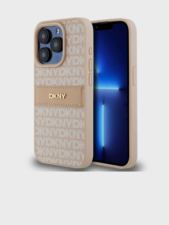 DKNY PU kožna stražnja maska ​​s ponavljajućim uzorkom u tonskim prugama za iPhone 14 Pro Max, ružičasta DKNY