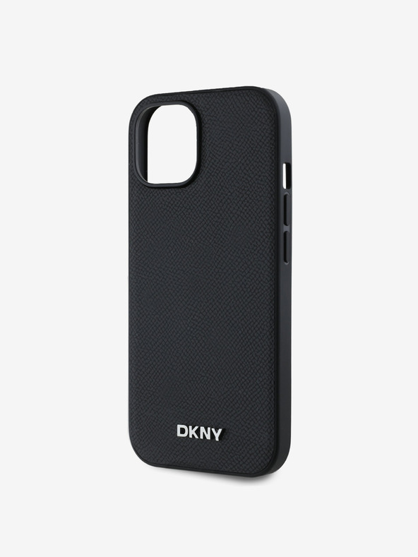DKNY PU kožna srebrna metalna stražnja maska ​​Magsafe s logotipom za iPhone 15 crna DKNY