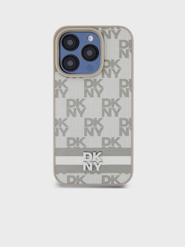 DKNY Stražnja maska ​​s kariranim uzorkom i prugama od PU kože za iPhone 15 Pro Max bež DKNY
