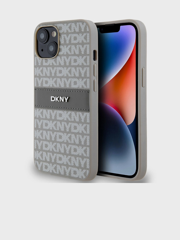 DKNY PU kožna stražnja maska ​​s ponavljajućim uzorkom u tonskim prugama za iPhone 14 bež DKNY