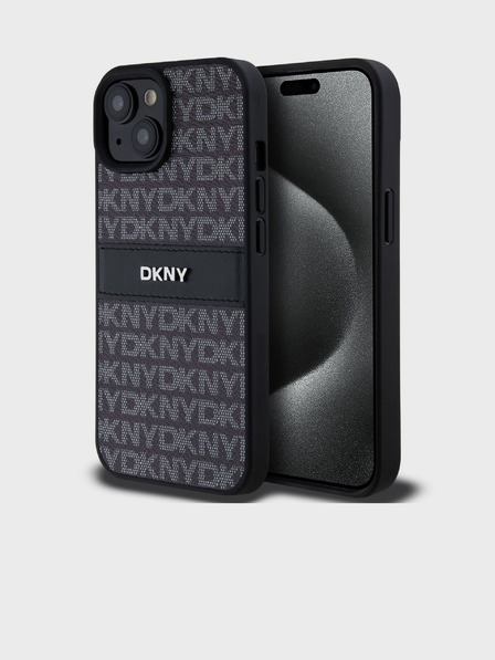 DKNY PU kožna stražnja maska ​​s ponavljajućim uzorkom u tonskim prugama za iPhone 15 crna DKNY
