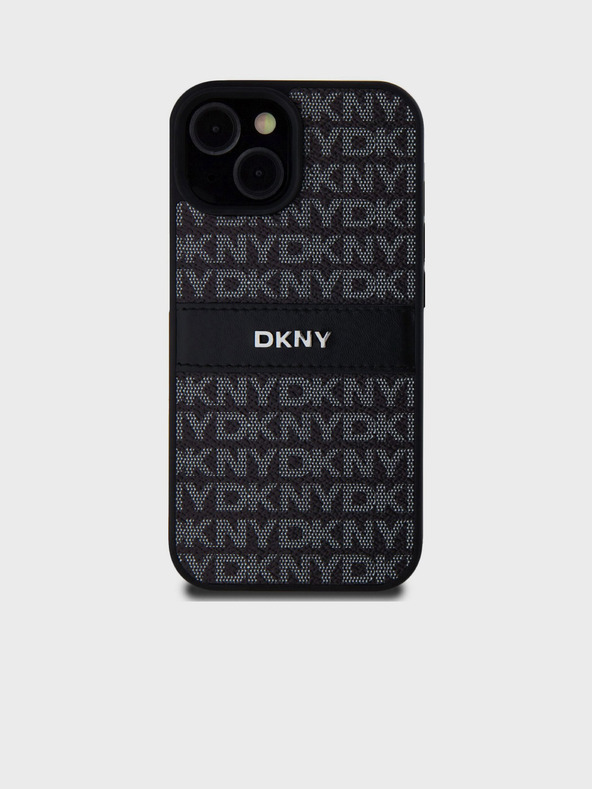 DKNY PU kožna stražnja maska ​​s ponavljajućim uzorkom u tonskim prugama za iPhone 15 crna DKNY