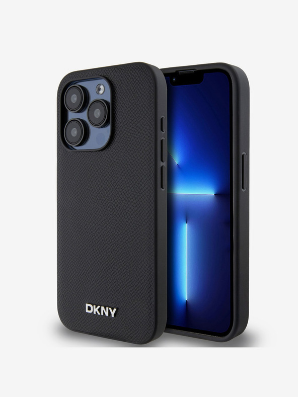 DKNY PU kožna srebrna metalna stražnja maska ​​Magsafe s logotipom za iPhone 15 Pro Max crna DKNY
