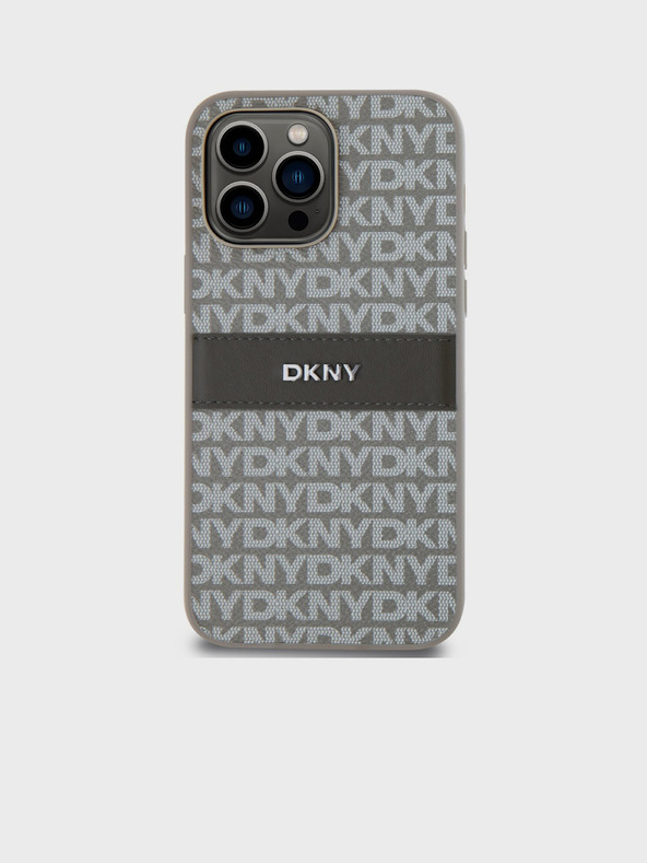 DKNY PU kožna stražnja maska ​​s ponavljajućim uzorkom u tonskim prugama za iPhone 14 Pro bež DKNY