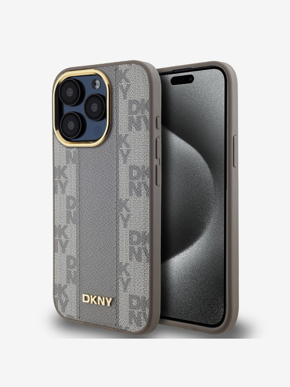 DKNY PU kožna stražnja maska ​​s kariranim uzorkom Magsafe za iPhone 15 Pro bež DKNY