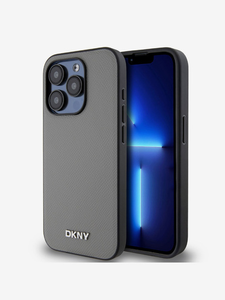DKNY PU kožna srebrna metalna stražnja maska ​​Magsafe s logotipom za iPhone 15 Pro Max siva DKNY