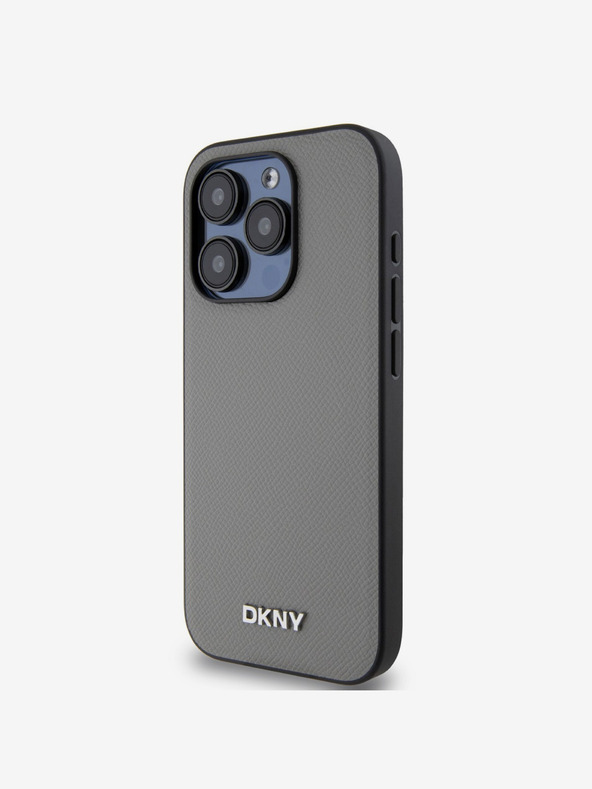 DKNY PU kožna srebrna metalna stražnja maska ​​Magsafe s logotipom za iPhone 15 Pro Max siva DKNY