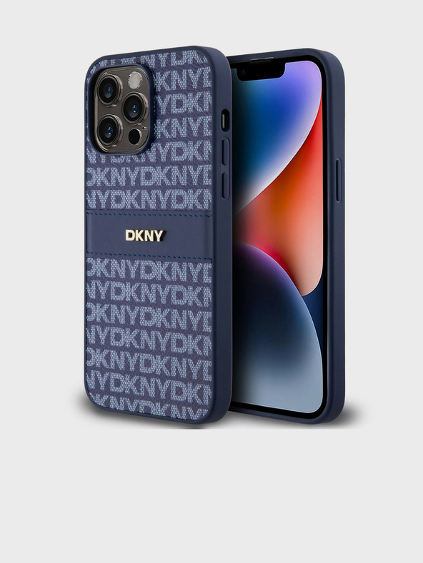 DKNY PU kožna stražnja maska ​​s ponavljajućim uzorkom u tonskim prugama za iPhone 14 Pro, plava DKNY