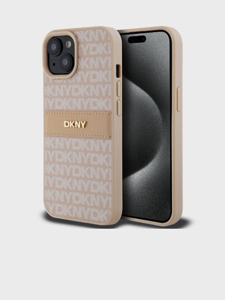 DKNY PU kožna stražnja maska ​​s ponavljajućim uzorkom u tonskim prugama za iPhone 15, ružičasta DKNY