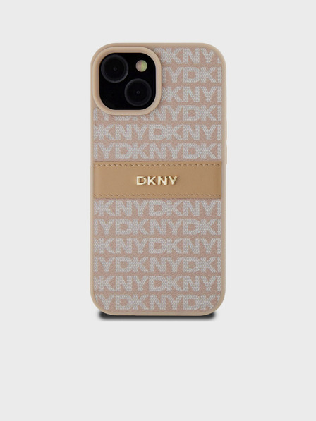 DKNY PU kožna stražnja maska ​​s ponavljajućim uzorkom u tonskim prugama za iPhone 15, ružičasta DKNY