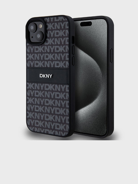 DKNY PU kožna stražnja maska ​​s ponavljajućim uzorkom u tonskim prugama za iPhone 15 Plus crna DKNY