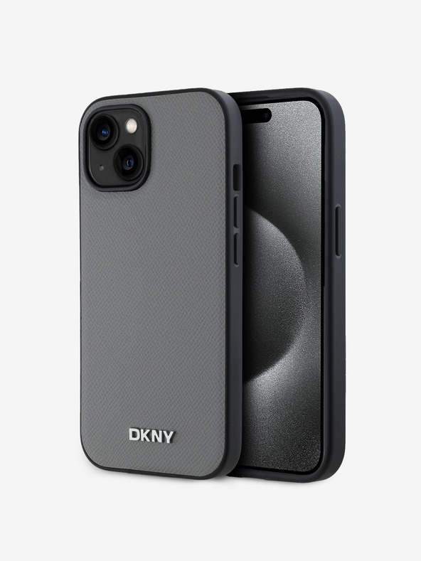DKNY PU kožna srebrna metalna stražnja maska ​​Magsafe s logotipom za iPhone 14 siva DKNY