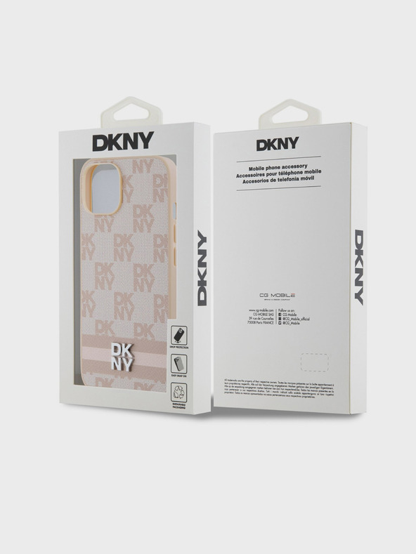 DKNY Stražnja maska ​​s kariranim uzorkom i prugama od PU kože za iPhone 15, ružičasta DKNY