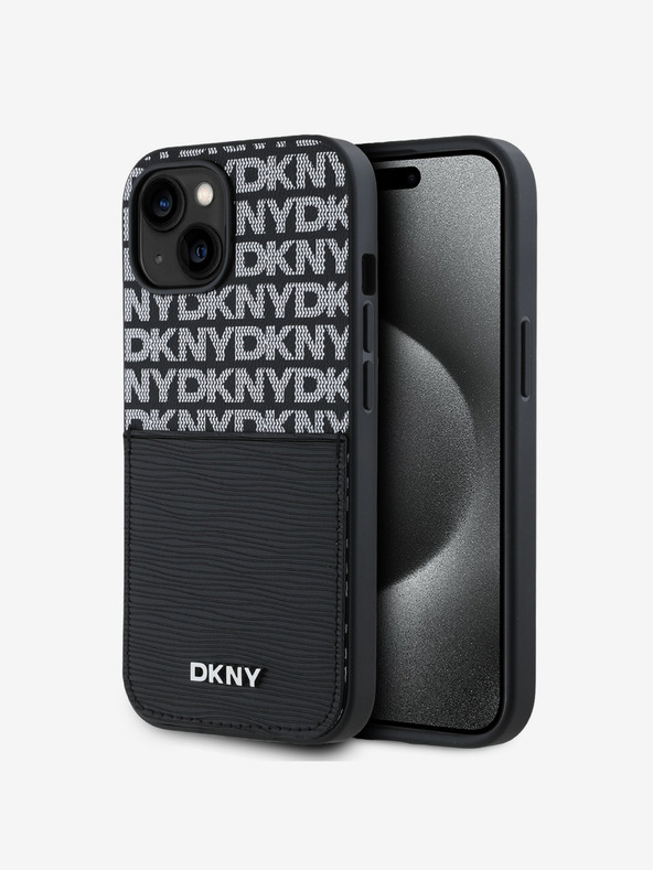 DKNY PU kožna stražnja maska ​​s džepom za karticu s ponavljajućim uzorkom za iPhone 15 crna DKNY