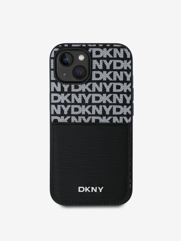 DKNY PU kožna stražnja maska ​​s džepom za karticu s ponavljajućim uzorkom za iPhone 15 crna DKNY