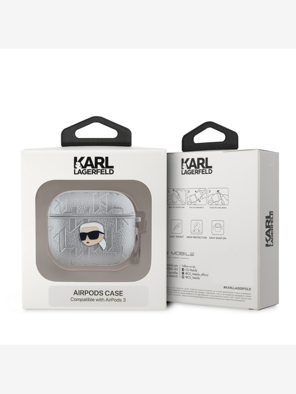 Karl Lagerfeld PU reljefna maska ​​Karl Head za AirPods 3 Srebrna Karl Lagerfeld