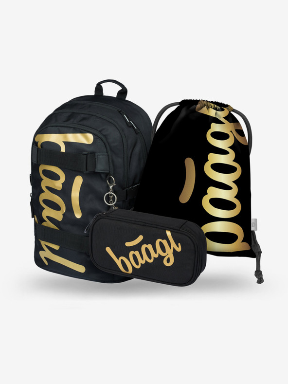 BAAGL  Crni školski set - ruksak, pernica i torba Baagl Skate Gold