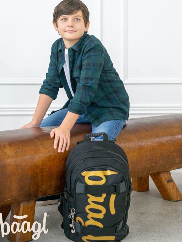 BAAGL  Crni školski set - ruksak, pernica i torba Baagl Skate Gold