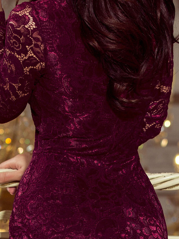 numoco Čipkasta haljina s dugim rukavima i dekolteom - tamna šljiva Numoco
