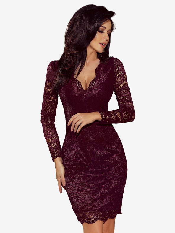 numoco Čipkasta haljina s dugim rukavima i dekolteom - tamna šljiva Numoco