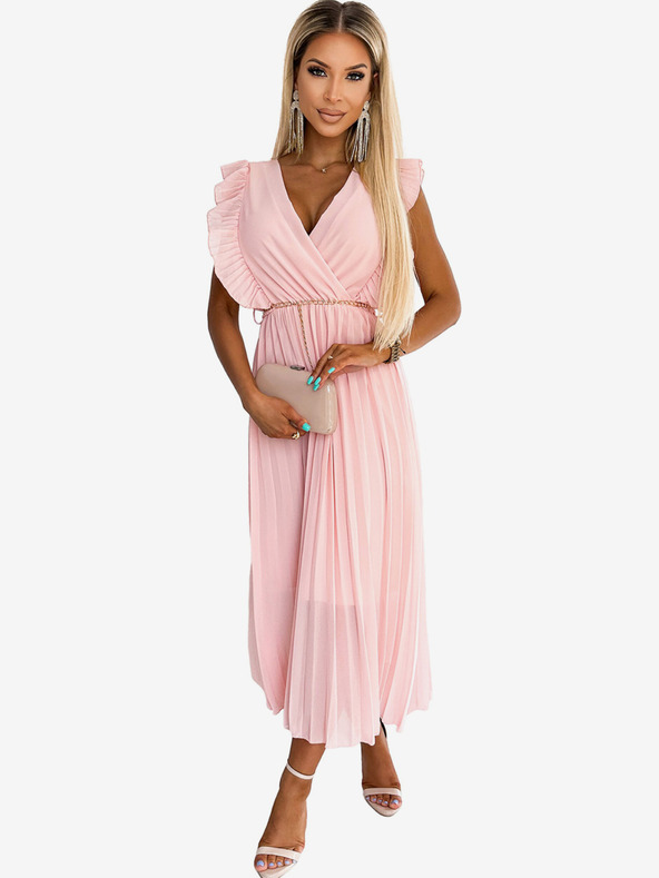 numoco GIORGIA Plisirana haljina s volanima, dekolteom i zlatnim lancem - breskva Numoco