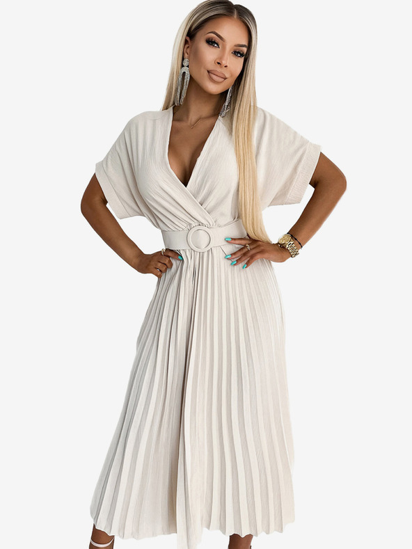 numoco FELICIA Plisirana midi haljina s dekolteom i širokim remenom - bež Numoco