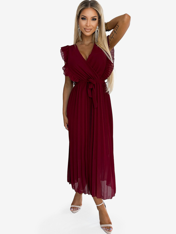 numoco Plisirana haljina s volanima, izrezom i remenom - bordo Numoco