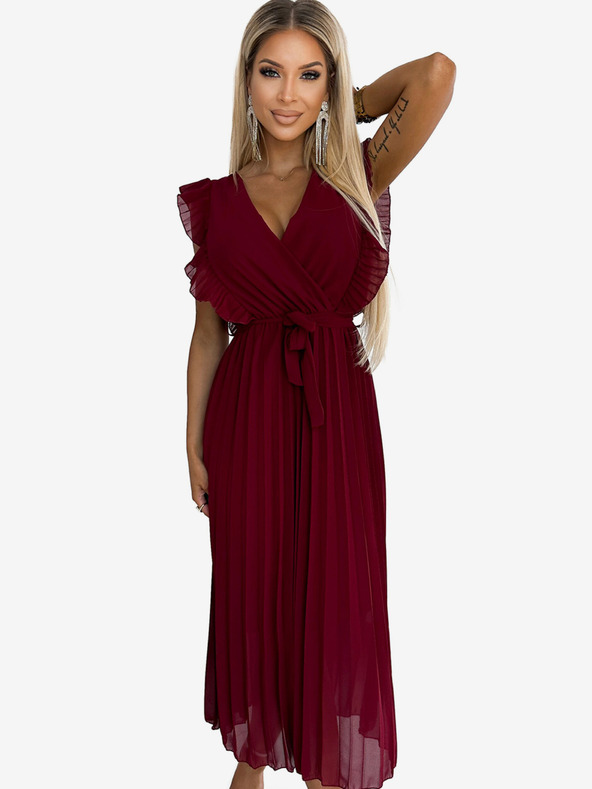 numoco Plisirana haljina s volanima, izrezom i remenom - bordo Numoco