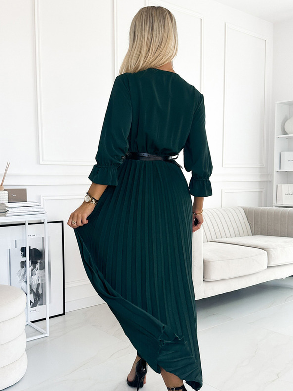 numoco SERENA Maxi haljina na nabore s dekolteom, remenom i 3/4 rukavima - zelena Numoco