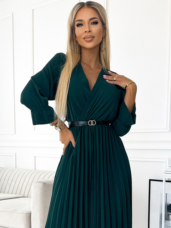 numoco SERENA Maxi haljina na nabore s dekolteom, remenom i 3/4 rukavima - zelena Numoco