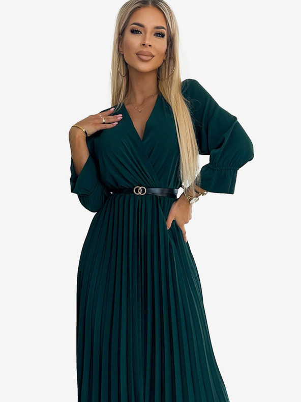 numoco SERENA Maxi haljina na nabore s dekolteom, remenom i 3/4 rukavima - zelena Numoco
