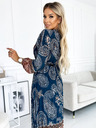 numoco Plisirana midi haljina s dekolteom, dugim rukavima i crnim remenom - plavo-smeđi uzorak Numoco